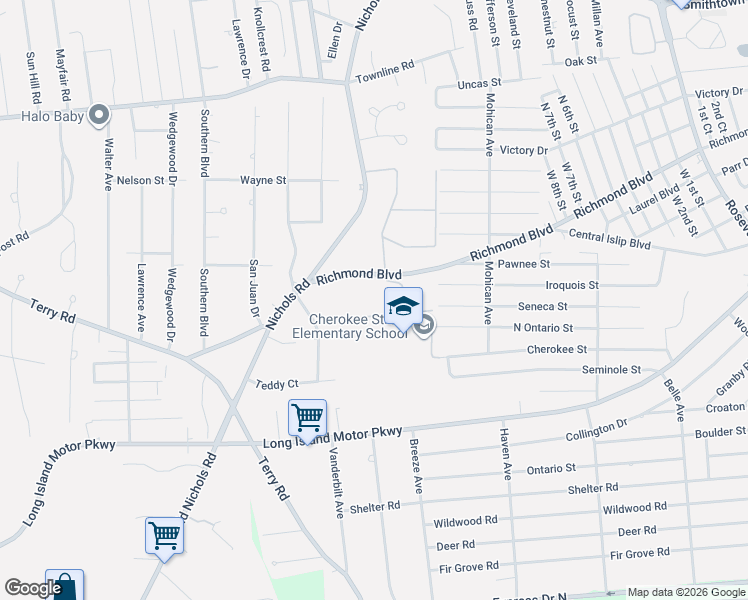map of restaurants, bars, coffee shops, grocery stores, and more near 38 Richmond Boulevard in Ronkonkoma