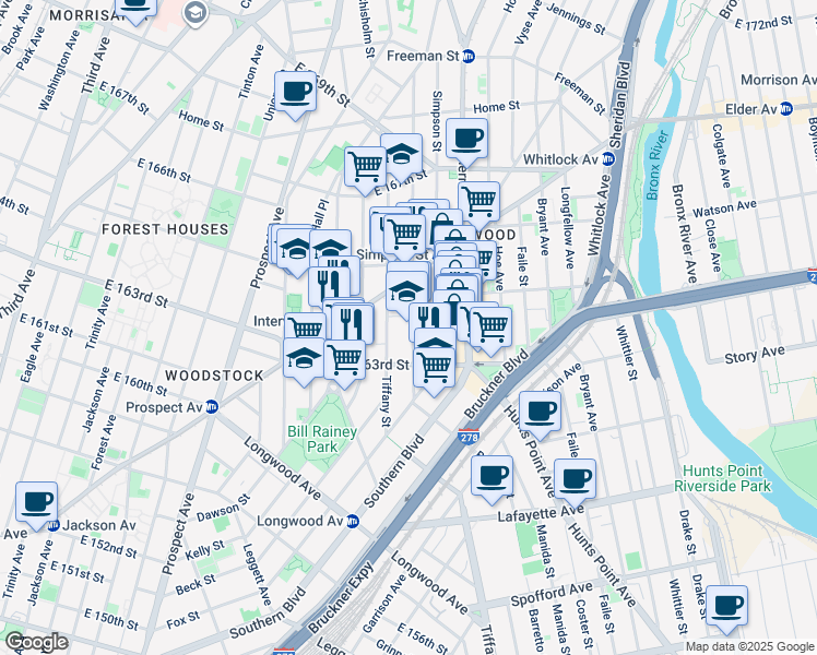 map of restaurants, bars, coffee shops, grocery stores, and more near 977 Fox Street in Bronx