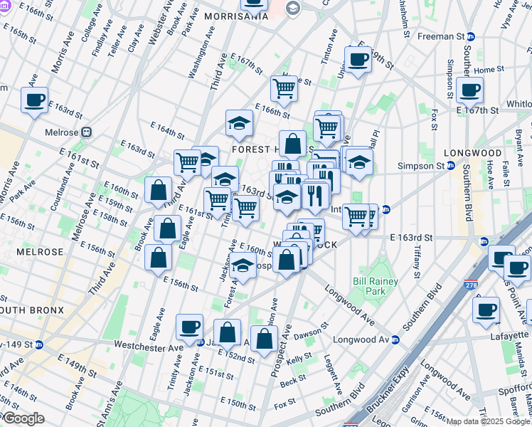 map of restaurants, bars, coffee shops, grocery stores, and more near 909 Tinton Avenue in The Bronx