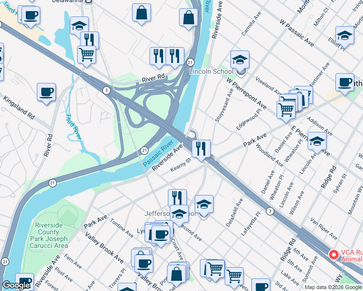 map of restaurants, bars, coffee shops, grocery stores, and more near 0 Rutherford Avenue in Lyndhurst
