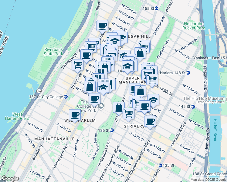 map of restaurants, bars, coffee shops, grocery stores, and more near 18 Hamilton Terrace in New York