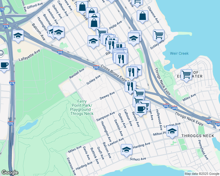 map of restaurants, bars, coffee shops, grocery stores, and more near 545 Calhoun Avenue in Bronx
