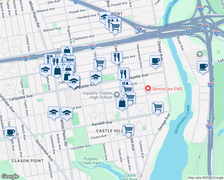 map of restaurants, bars, coffee shops, grocery stores, and more near 2117 Virgil Place in Bronx