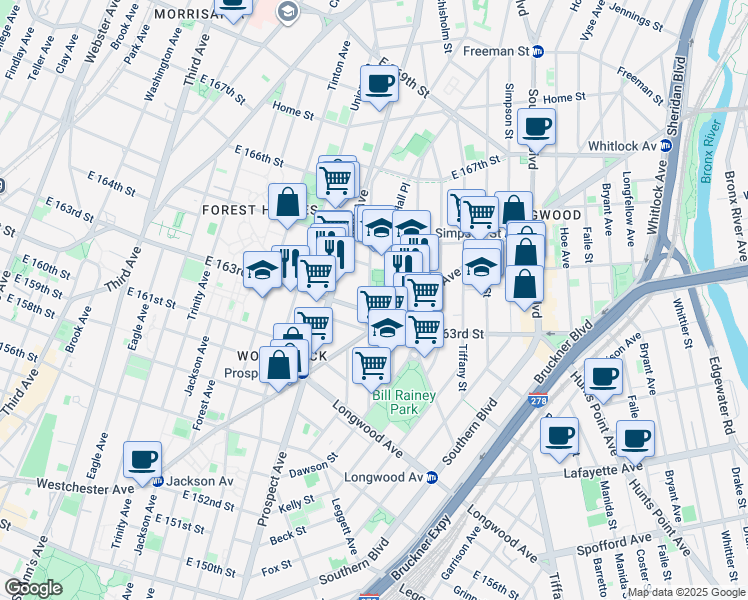 map of restaurants, bars, coffee shops, grocery stores, and more near 961 Rev James A Polite Avenue in Bronx