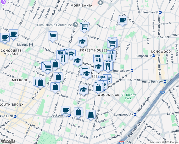 map of restaurants, bars, coffee shops, grocery stores, and more near 730 East 163rd Street in The Bronx