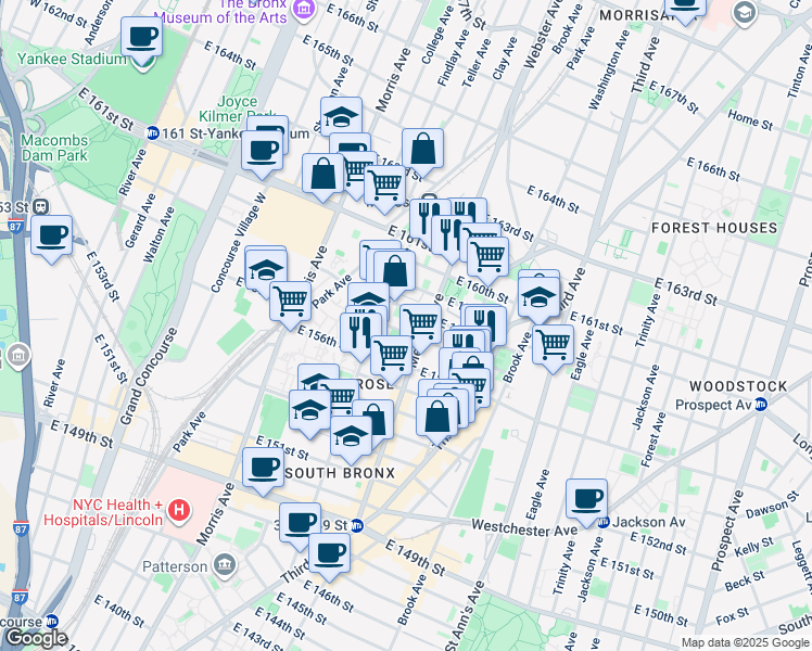 map of restaurants, bars, coffee shops, grocery stores, and more near 380 East 158th Street in Bronx