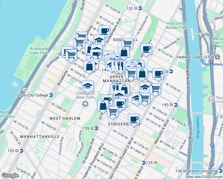 map of restaurants, bars, coffee shops, grocery stores, and more near 655 Saint Nicholas Avenue in New York City