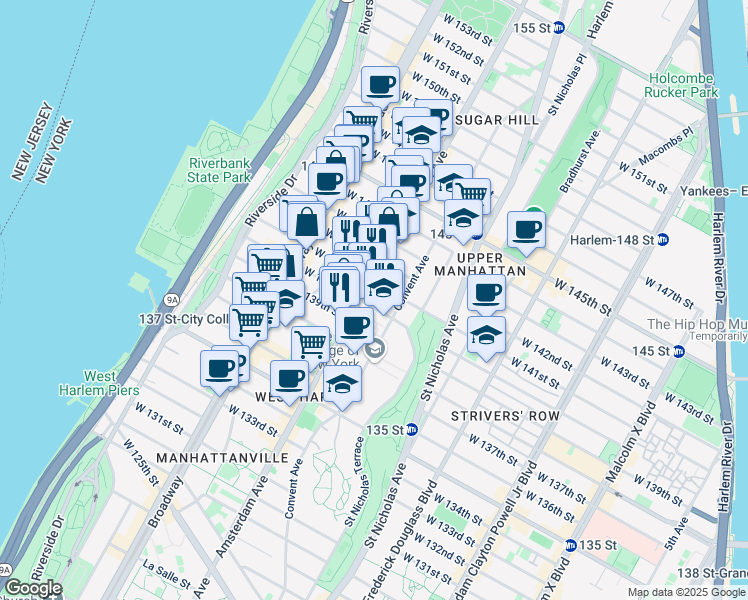 map of restaurants, bars, coffee shops, grocery stores, and more near 1626 Amsterdam Avenue in New York