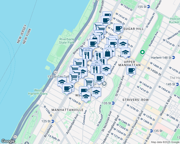 map of restaurants, bars, coffee shops, grocery stores, and more near 61 Hamilton Place in New York