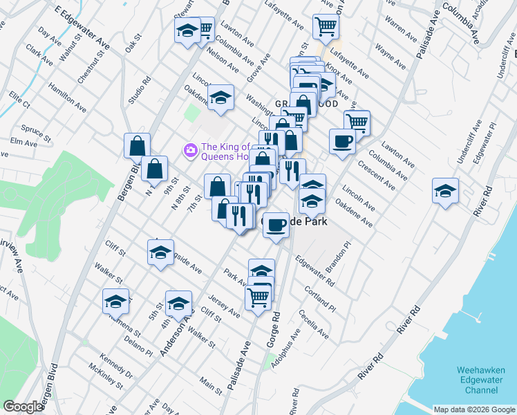 map of restaurants, bars, coffee shops, grocery stores, and more near 513 Anderson Avenue in Cliffside Park