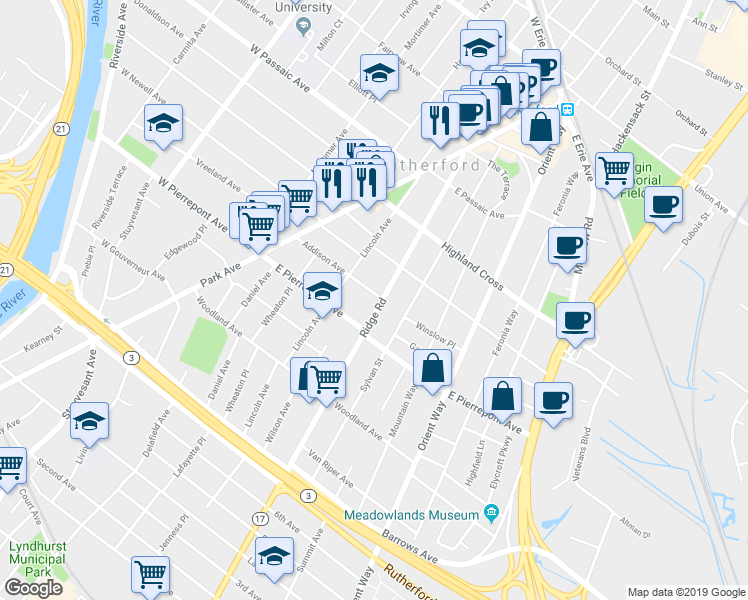 map of restaurants, bars, coffee shops, grocery stores, and more near 140 Ridge Road in Rutherford