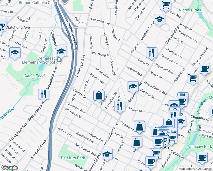 map of restaurants, bars, coffee shops, grocery stores, and more near 86 Gerard Road in Nutley