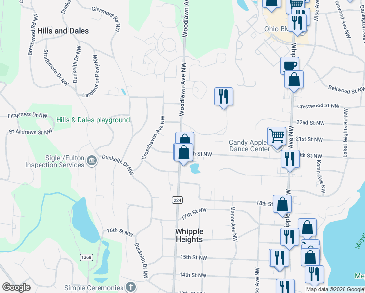 map of restaurants, bars, coffee shops, grocery stores, and more near 2031 Woodlawn Avenue Northwest in Canton