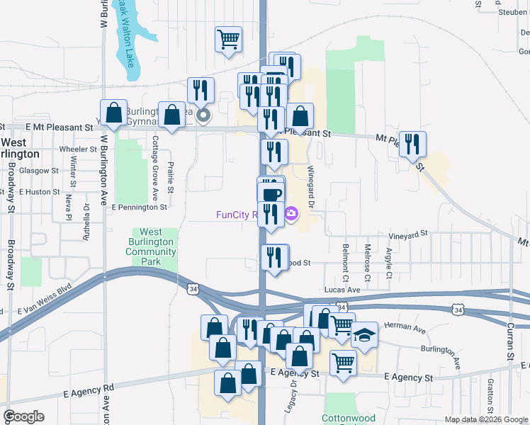 map of restaurants, bars, coffee shops, grocery stores, and more near 1311 North Roosevelt Avenue in Burlington