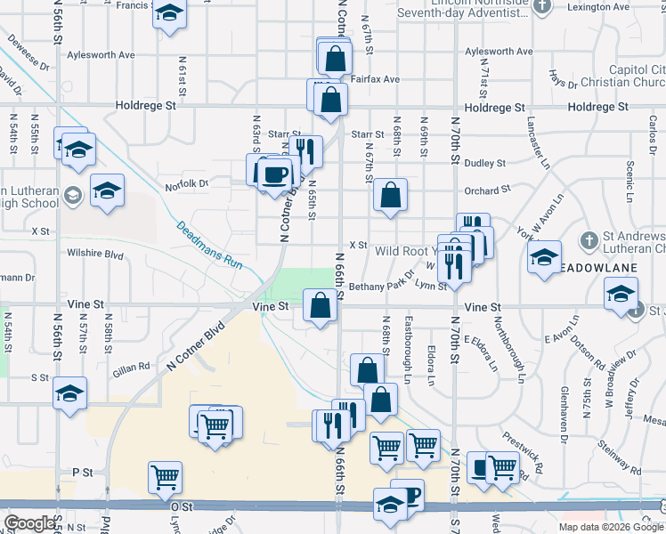 map of restaurants, bars, coffee shops, grocery stores, and more near 932 North 65th Street in Lincoln
