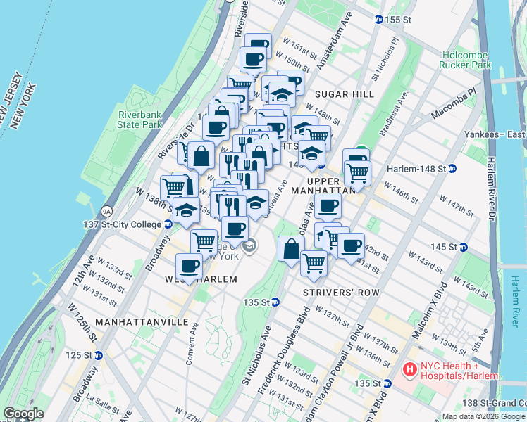map of restaurants, bars, coffee shops, grocery stores, and more near 270 Convent Avenue in New York