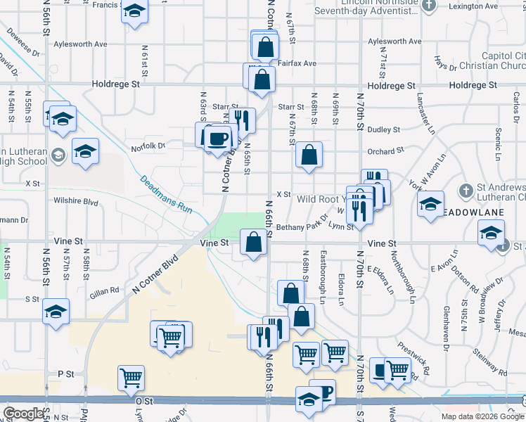 map of restaurants, bars, coffee shops, grocery stores, and more near 932 North 65th Street in Lincoln
