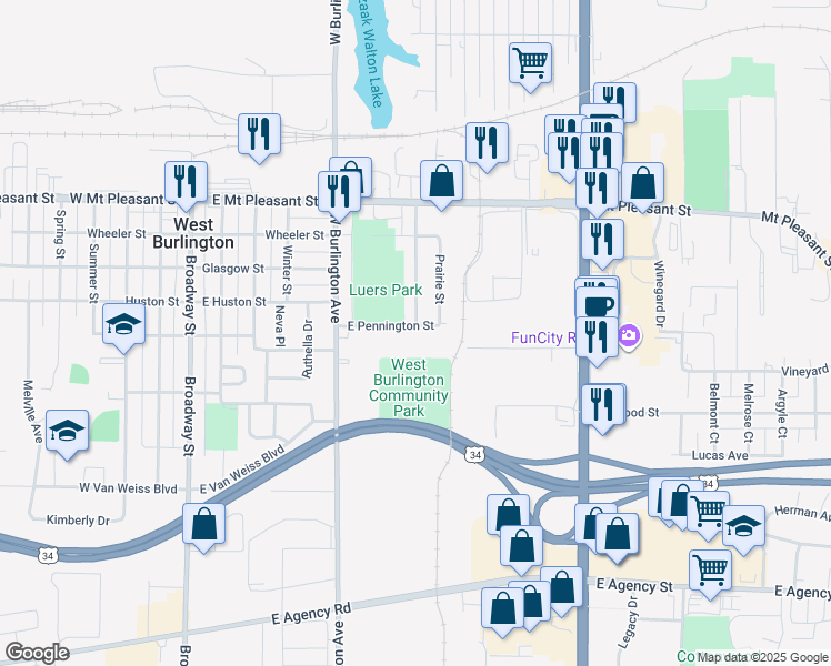 map of restaurants, bars, coffee shops, grocery stores, and more near 701 East Pennington Street in West Burlington