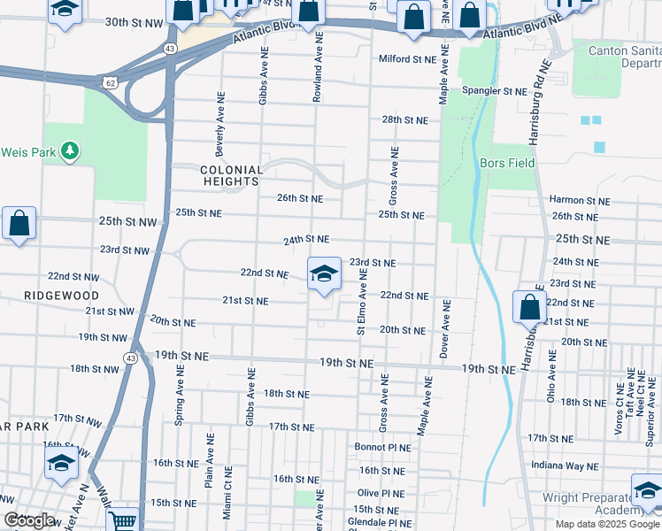 map of restaurants, bars, coffee shops, grocery stores, and more near 1326 23rd Street Northeast in Canton