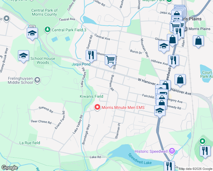map of restaurants, bars, coffee shops, grocery stores, and more near 14 Burnham Road in Morris Plains