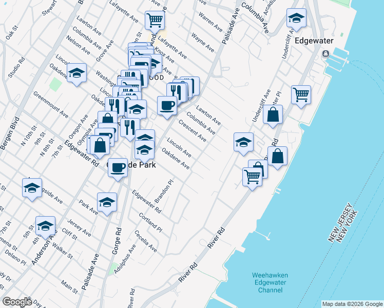 map of restaurants, bars, coffee shops, grocery stores, and more near 56 Washington Avenue in Cliffside Park