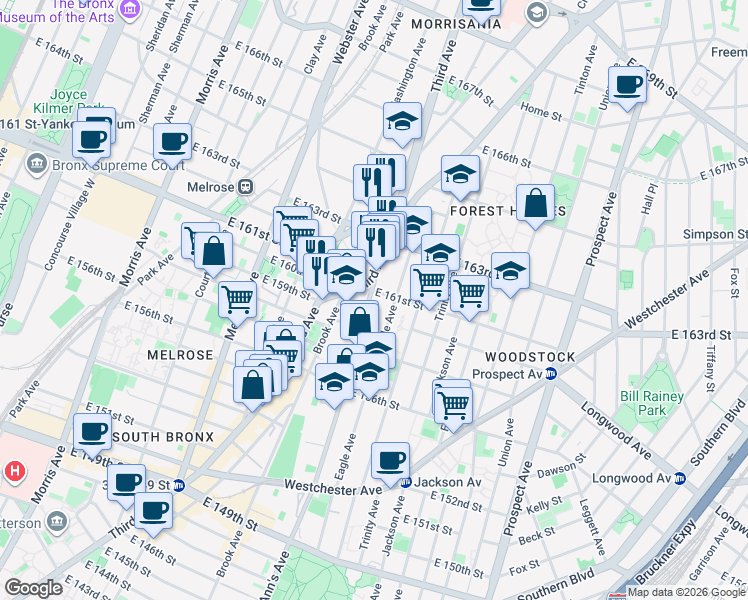 map of restaurants, bars, coffee shops, grocery stores, and more near in The Bronx