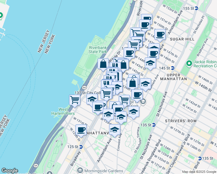 map of restaurants, bars, coffee shops, grocery stores, and more near 602 West 138th Street in New York