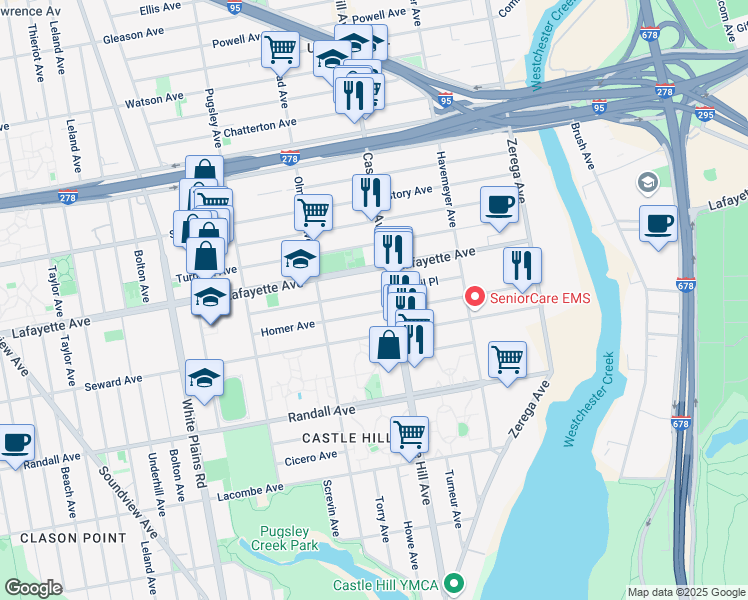 map of restaurants, bars, coffee shops, grocery stores, and more near 2146 Virgil Place in Bronx