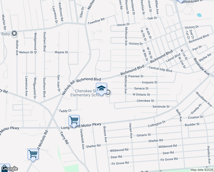 map of restaurants, bars, coffee shops, grocery stores, and more near 54 Richmond Boulevard in Ronkonkoma