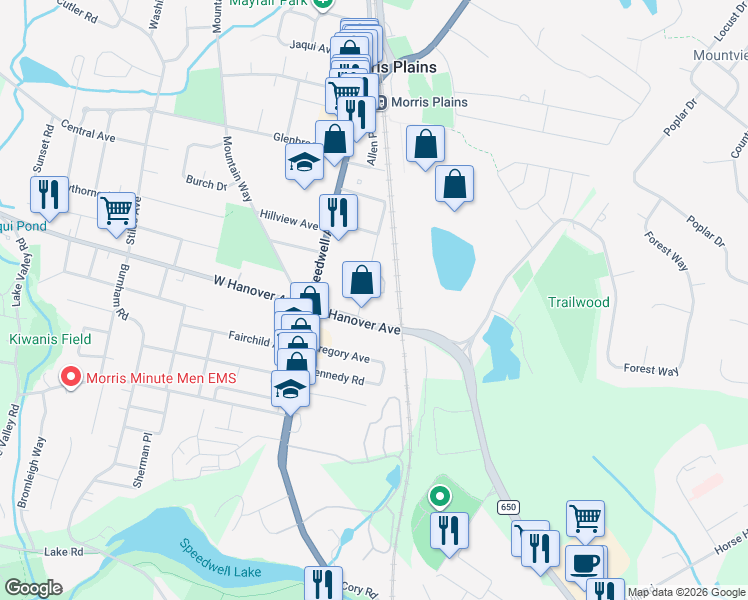 map of restaurants, bars, coffee shops, grocery stores, and more near 40 East Hanover Avenue in Morris Plains