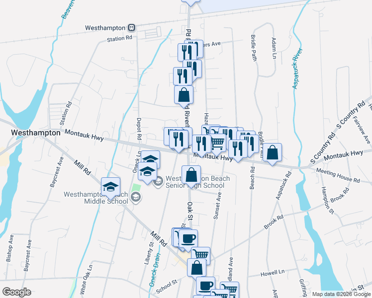 map of restaurants, bars, coffee shops, grocery stores, and more near 104 Montauk Highway in Westhampton Beach