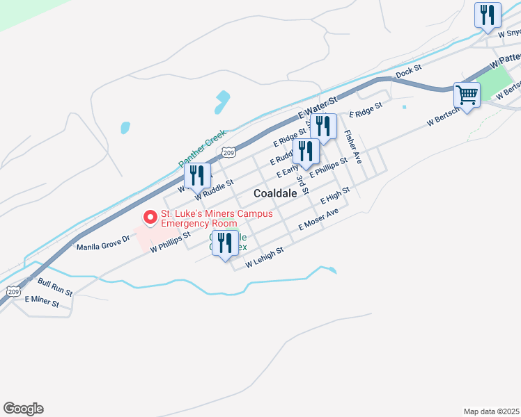 map of restaurants, bars, coffee shops, grocery stores, and more near 26 West Phillips Street in Coaldale