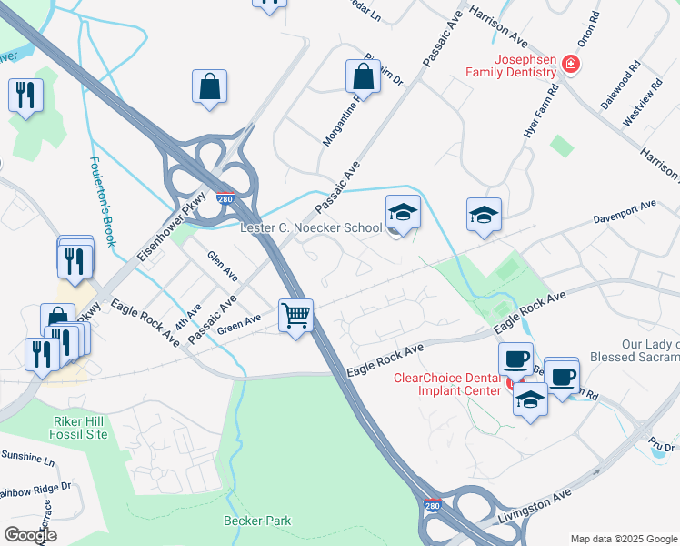 map of restaurants, bars, coffee shops, grocery stores, and more near 16 Lenape Drive in Roseland