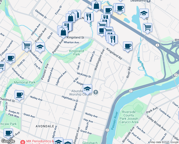 map of restaurants, bars, coffee shops, grocery stores, and more near 392 Walnut Street in Nutley