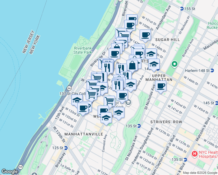 map of restaurants, bars, coffee shops, grocery stores, and more near West 139th Street in New York
