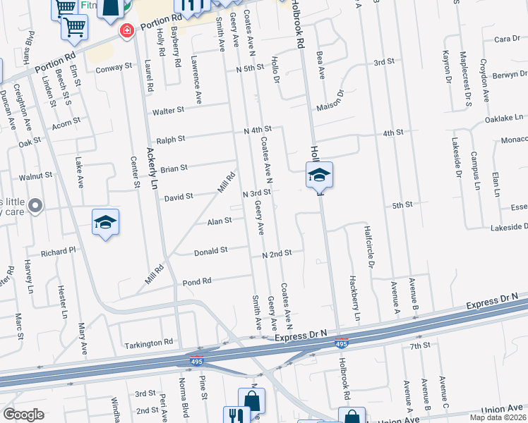map of restaurants, bars, coffee shops, grocery stores, and more near 111 Coates Avenue North in Holbrook