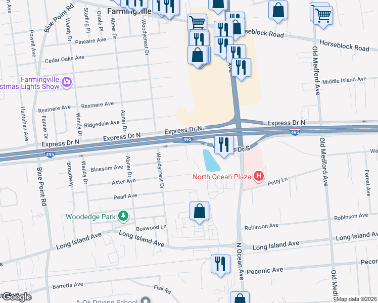 map of restaurants, bars, coffee shops, grocery stores, and more near 144 Wildwood Circle in Holtsville