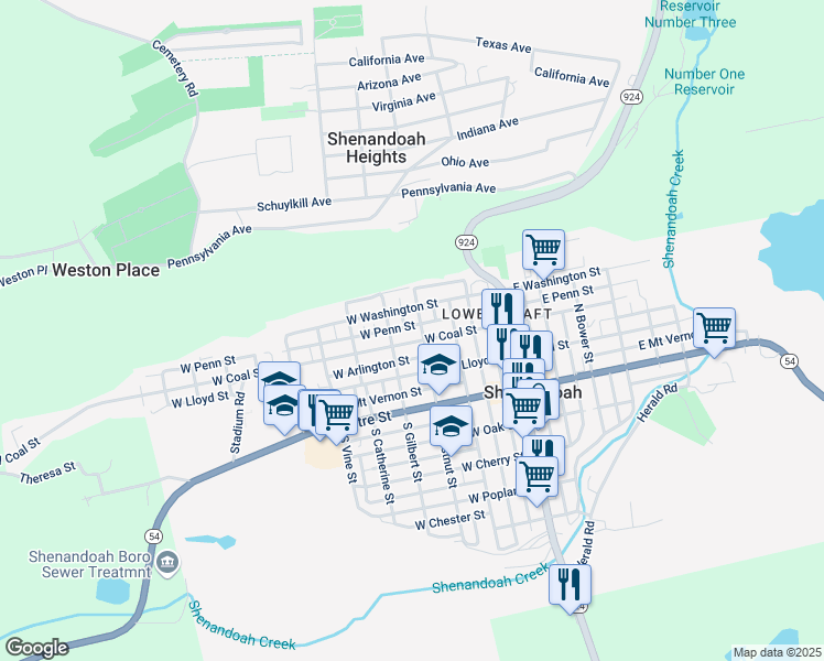 map of restaurants, bars, coffee shops, grocery stores, and more near 310 West Penn Street in Shenandoah
