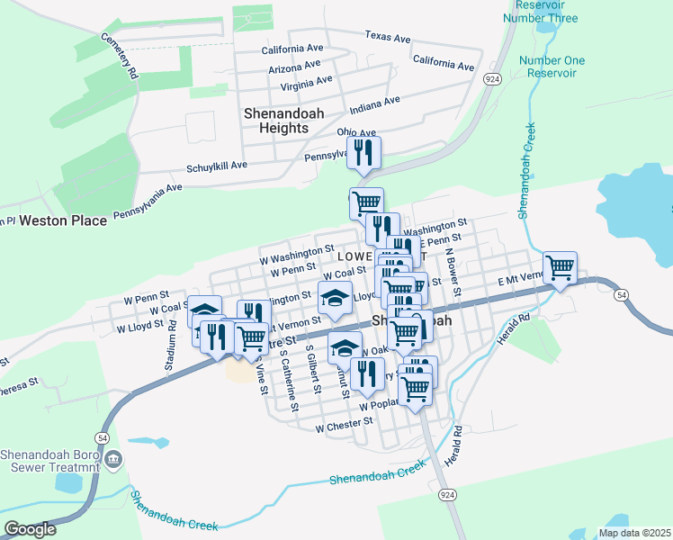 map of restaurants, bars, coffee shops, grocery stores, and more near 217 West Coal Street in Shenandoah