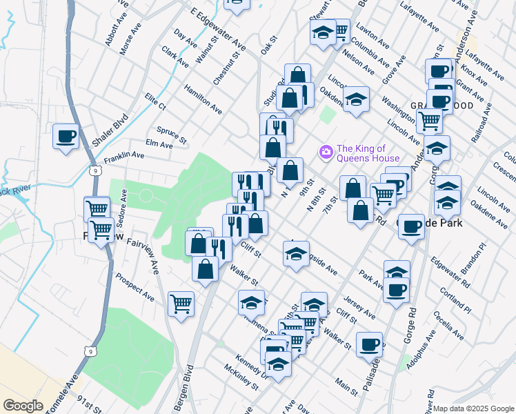 map of restaurants, bars, coffee shops, grocery stores, and more near 503 Park Avenue in Fairview