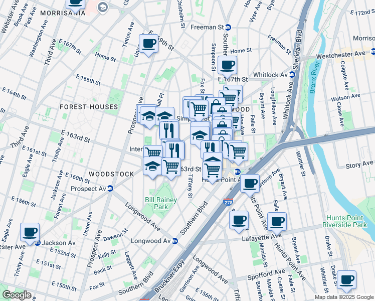 map of restaurants, bars, coffee shops, grocery stores, and more near 975 Tiffany Street in The Bronx