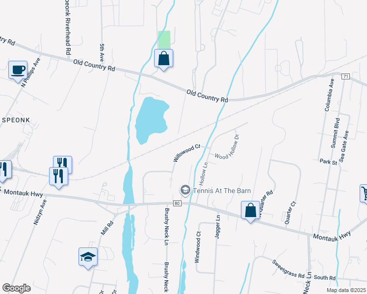 map of restaurants, bars, coffee shops, grocery stores, and more near 16 Willowood Court in Westhampton