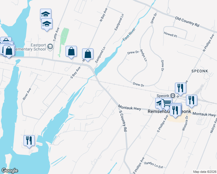 map of restaurants, bars, coffee shops, grocery stores, and more near 344 Montauk Highway in Eastport