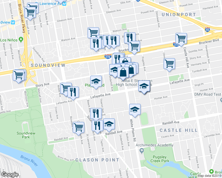 map of restaurants, bars, coffee shops, grocery stores, and more near Lafayette Avenue in Bronx