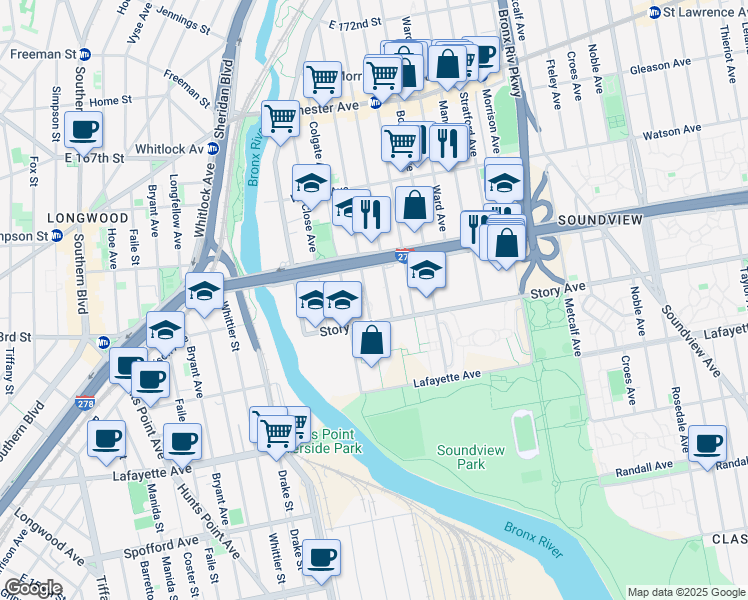 map of restaurants, bars, coffee shops, grocery stores, and more near 950 Evergreen Avenue in Bronx
