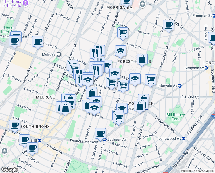 map of restaurants, bars, coffee shops, grocery stores, and more near 902 Eagle Avenue in Bronx