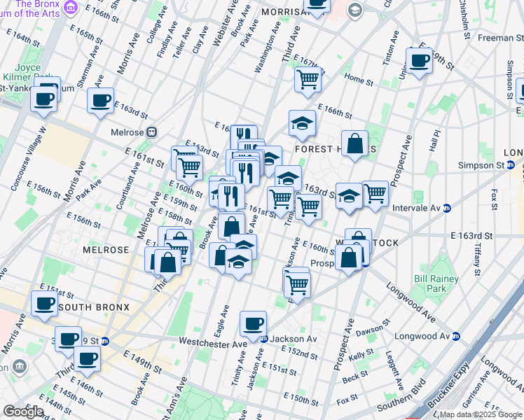 map of restaurants, bars, coffee shops, grocery stores, and more near 902 Eagle Avenue in Bronx