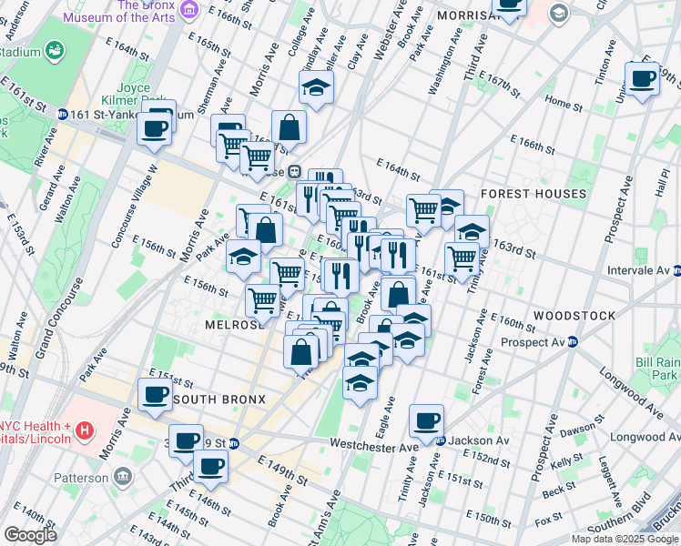 map of restaurants, bars, coffee shops, grocery stores, and more near 451 East 159th Street in The Bronx