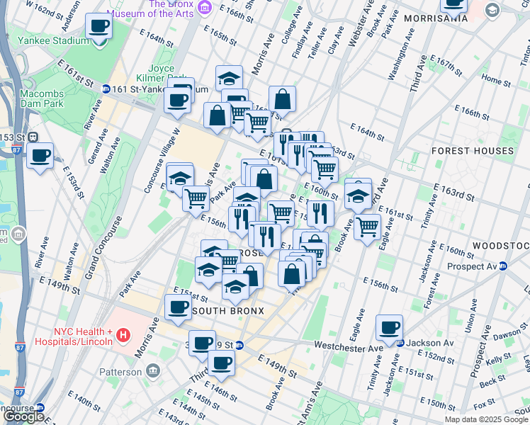 map of restaurants, bars, coffee shops, grocery stores, and more near 380 East 158th Street in Bronx