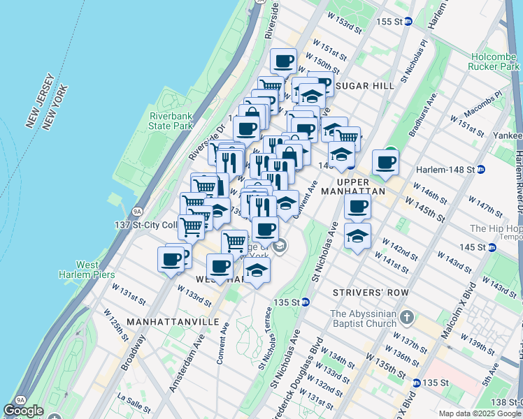 map of restaurants, bars, coffee shops, grocery stores, and more near 1626 Amsterdam Avenue in New York